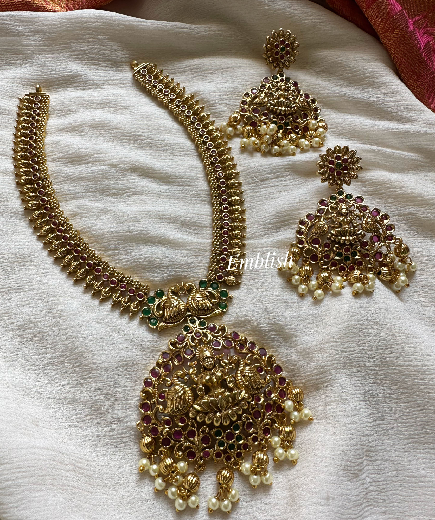 Gold alike Lakshmi with Double Peacock Short Neckpiece